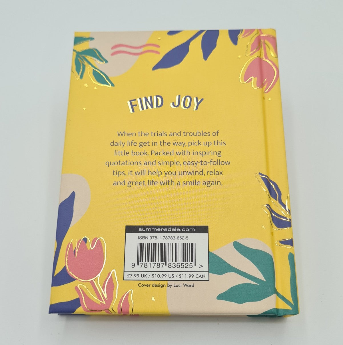 Back cover of the book "Happiness for Every Day", again with drawings of foliage in the corners. Towards the top of the page are the words "Find Joy" followed by a brief synopsis of the book which reads "When the trials and troubles of daily life get in the way, pack up this little book. Packed with inspiring quotations and simple, easy-to-follow tips, it will help you unwind, relax and greet life with a smile again".