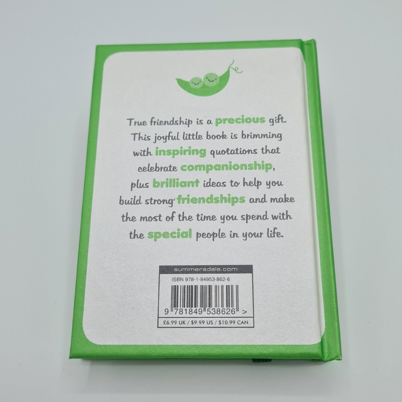 The back cover of the book with a small illustration of two peas in a pod at the top of the page followed by the text "True friendship is a precious gift. This joyful little book is brimming with inspiring quotations that celebrate companionship, plus brilliant ideas to help you build strong friendships and make the most of the time you spend with the special people in your life".