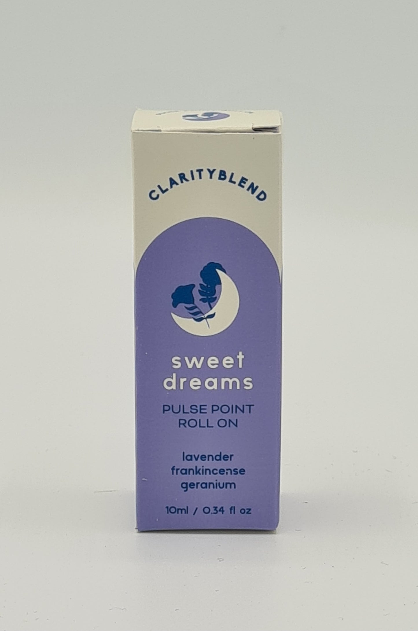 Front of box with lilac label containing Clarity Blend Sweet Dreams Pulse Point Roll On