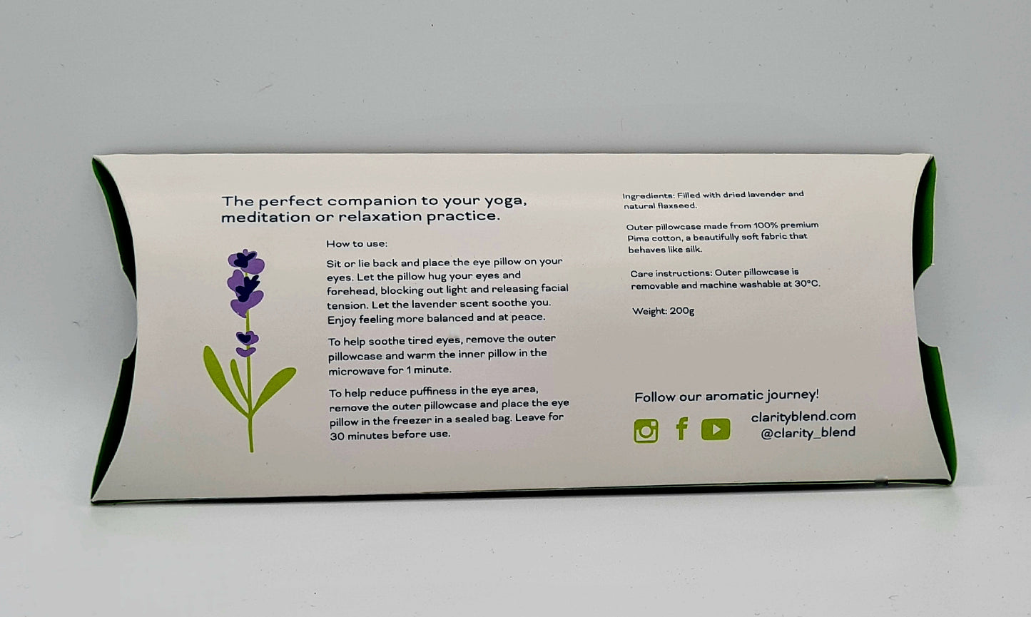 The back of the box for the Lavender Eye Pillow. Details instructions for use and has the tagline "The perfect companion to your yoga, meditation or relaxation practice".
