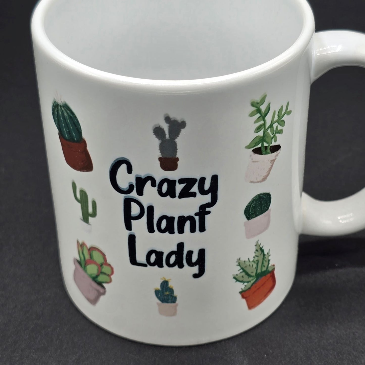 Close up of white mug featuring illustrations of several plants including various cacti and the text "Crazy Plant Lady".