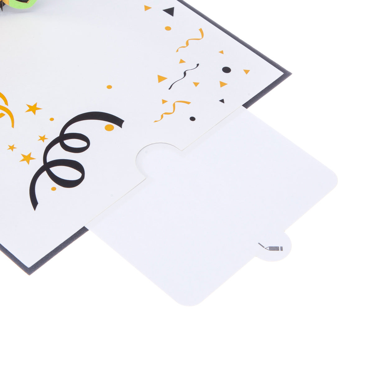 Inside of the 70th birthday pop up card showing the blank slide out note card where you can write a message