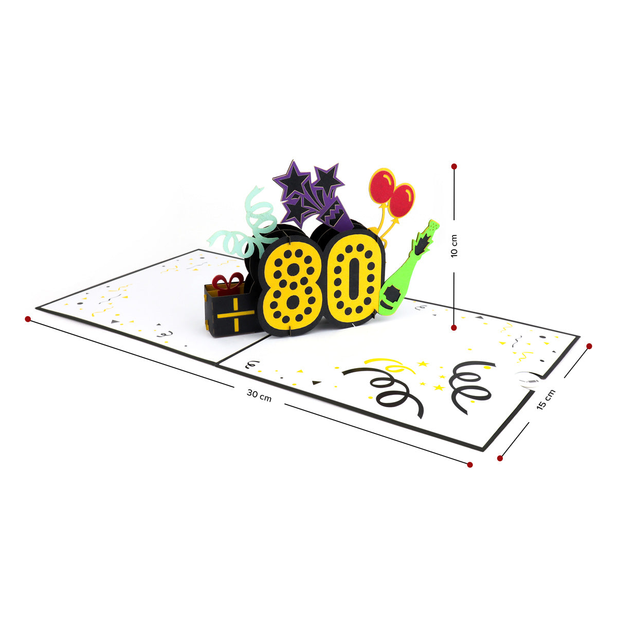 Aerial view of pop up 80th birthday card opened up and the pop up number eighty surrounded by streamers, balloons, champagne and a wrapped gift.