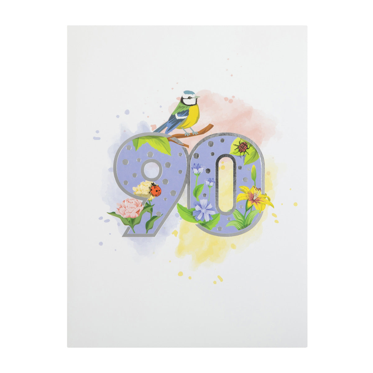 Front of the 90th birthday pop up card showing the number ninety surrounded by various wildlife.
