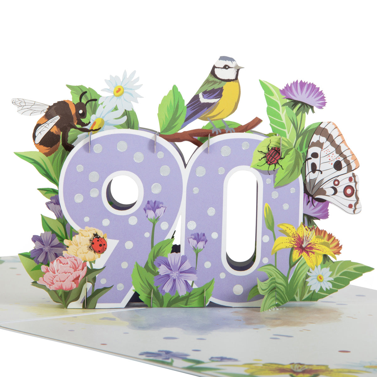 Close up of pop up 90th birthday card. The number ninety is in lilac with silver spots and the numbers are surrounded by colourful wildlife including a bird, flowers, a ladybird, butterfly and a bee.