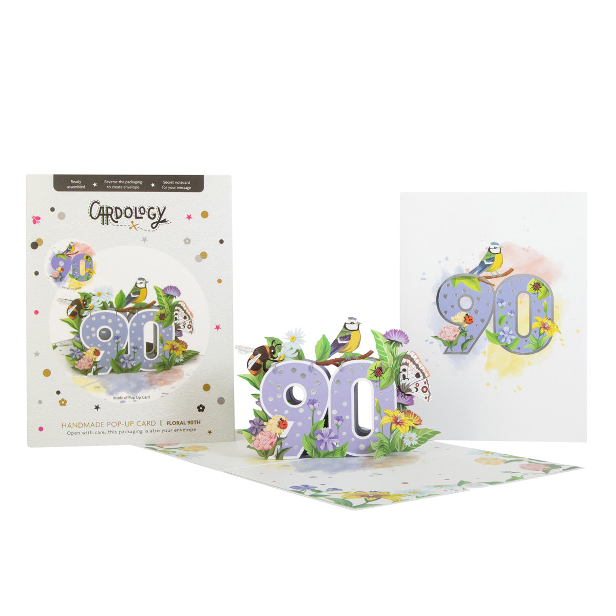 Three images - the left hand image shows the packaging for the 90th birthday pop up card, the middle image shows the card opened up with the number ninety popped up with the image on the right showing the front of the card.