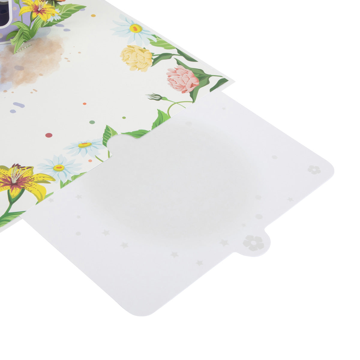 Inside of the 90th birthday pop up card showing some flowers on the inside of the card and the blank slide out note card where you can write your own message.