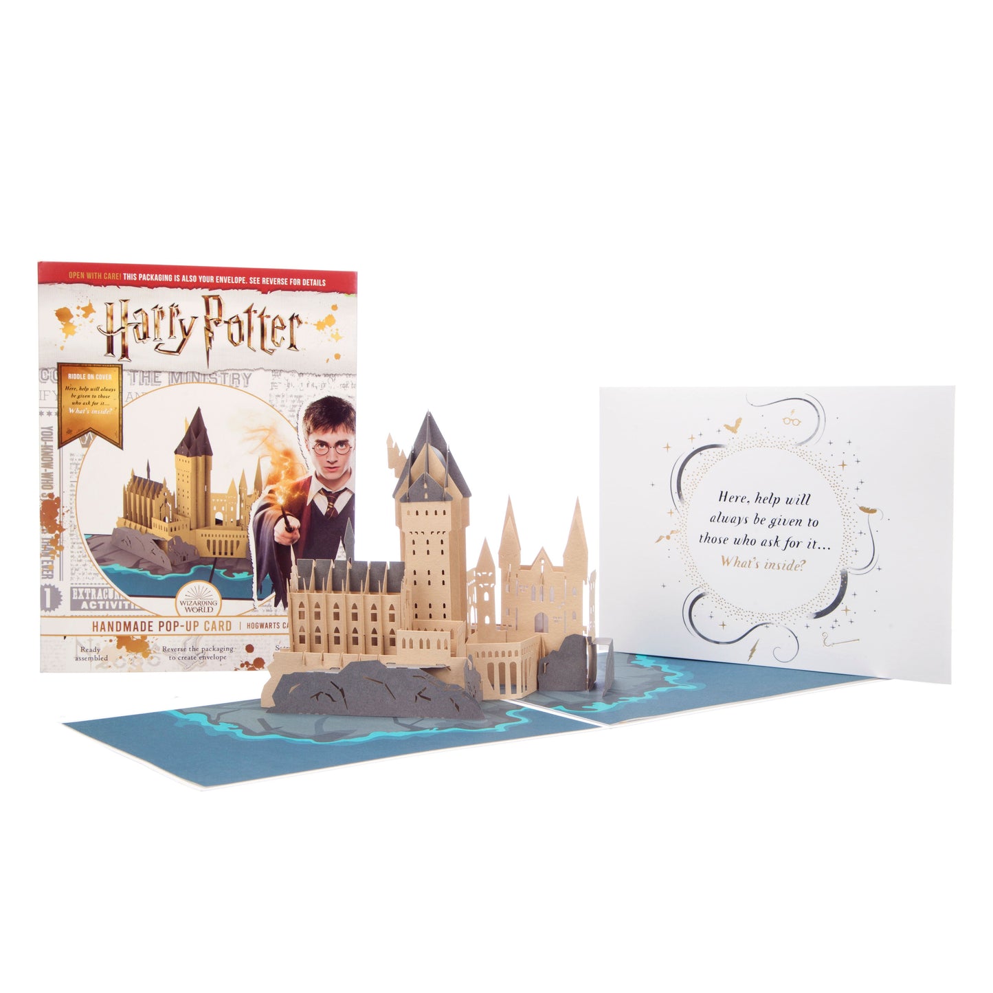 Three images together - the image on the left is of the packaging for the Hogwarts Castle card, the middle image shows the "popped up" Hogwarts Castle and the right hand image is of the front of the card with the wording "Here, help will always be given to those who ask for it...What's inside?".