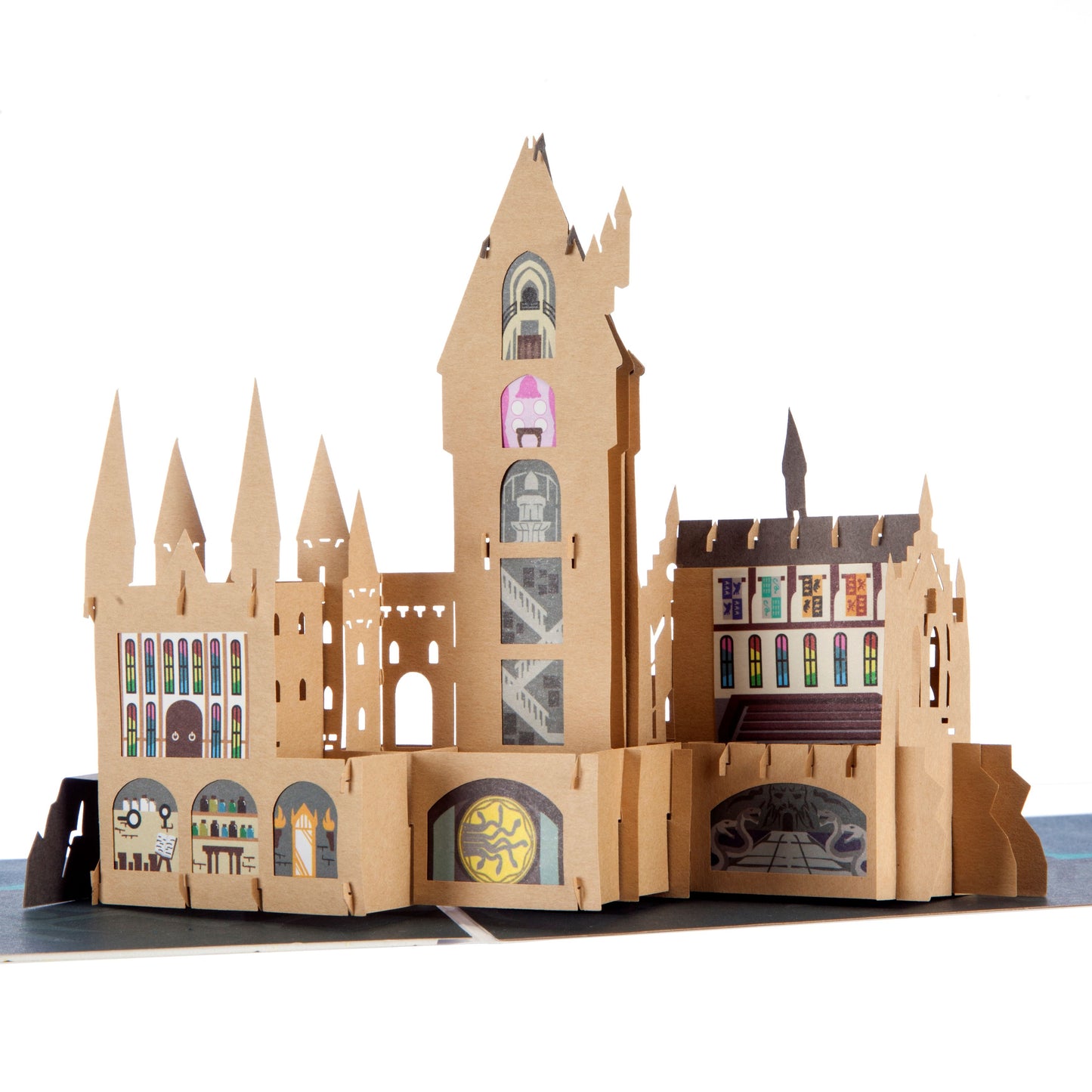 Close up of "popped up" Hogwarts Castle card. It shows the rear of the castle with stained glass windows.