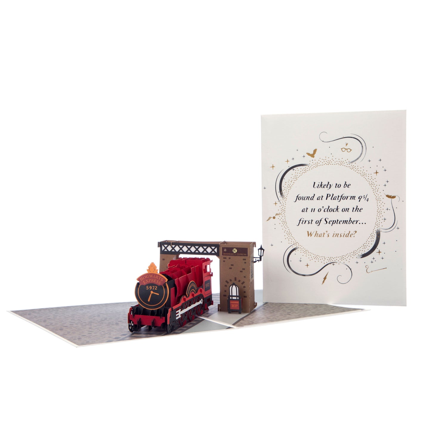 Two images together - image on the left hand side is of the Hogwarts Express train on the inside of the card with the second image on the right hand side showing the front of the card which features the wording "Likely to be found at Platform 9 3/4 (nine and three quarters) at 11 o'clock on the first of September...What's inside?".