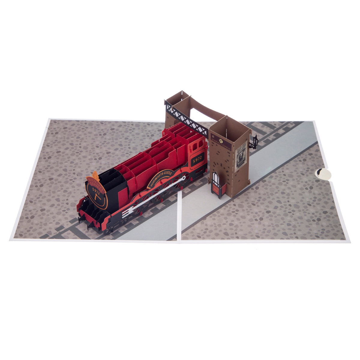 Aerial view of Hogwarts Express pop up card showing a "popped up" red Hogwarts Express train sitting on platform nine and three quarters.