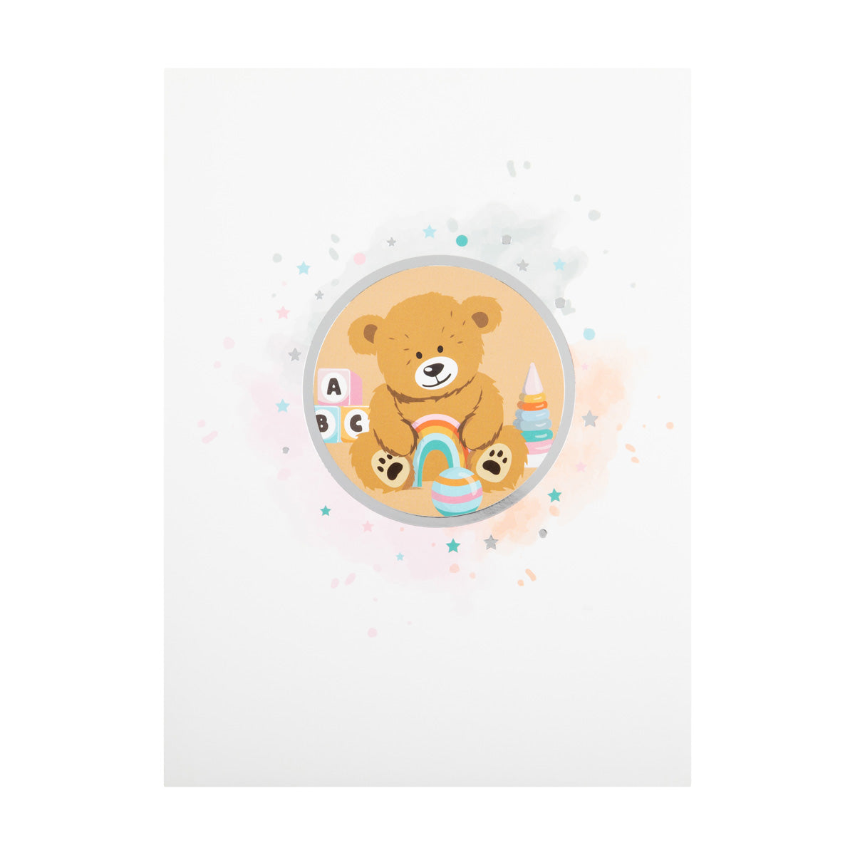 Front of New Baby bear pop up card. It is white in colour with a circle in the middle containing an image of a cute brown teddy bear holding a rainbow and surrounded by toys.