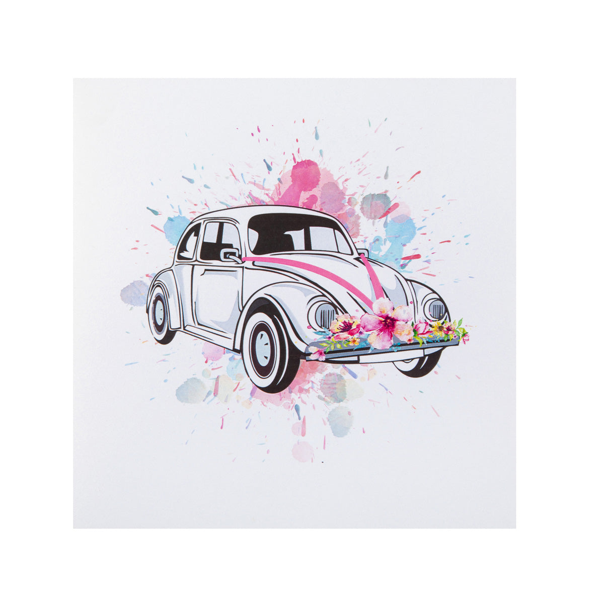 Front of Wedding Car pop up card. It is white with pastel colour splodges behind a white wedding car with a pink ribbon tied to the front and some flowers on the front bumper.