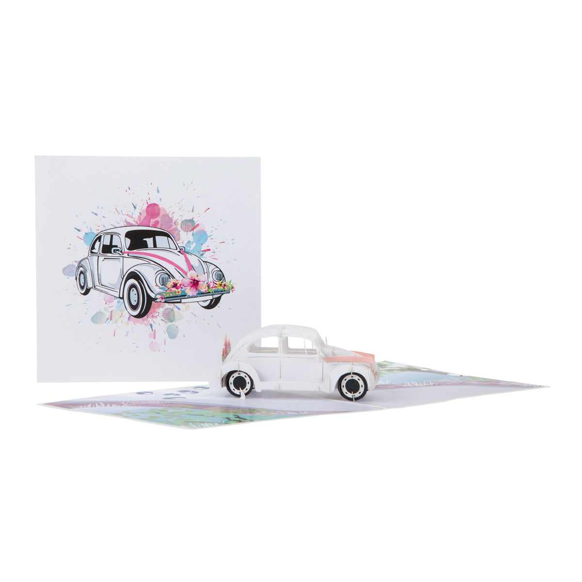Two images together - the image to the left hand side of the picture shows the front of the Wedding Car pop up card with an illustration of a white wedding car with pink ribbon tied to the front. The second image is of the open card with a "popped up" white wedding car from the side.