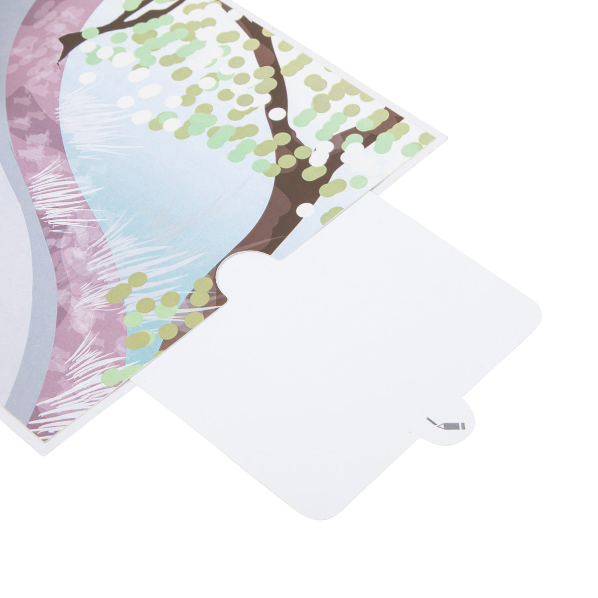Inside of the Wedding Car pop up card showing the right hand page of the card. The page features illustrations of flowers and trees and to the right of the page the blank note card page has been pulled out of the slot to illustrate the blank note card upon which you can write your own message.