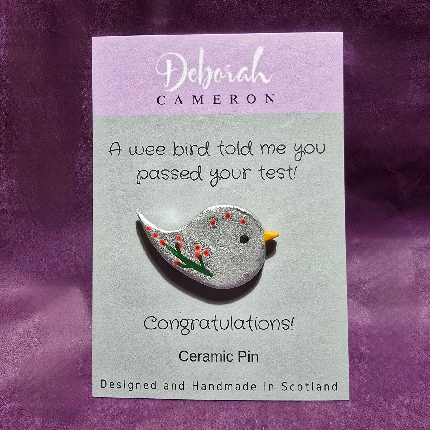 Little silver bird pin mounted on silver card with the wording "A wee bird told me you passed your test! Congratulations!".