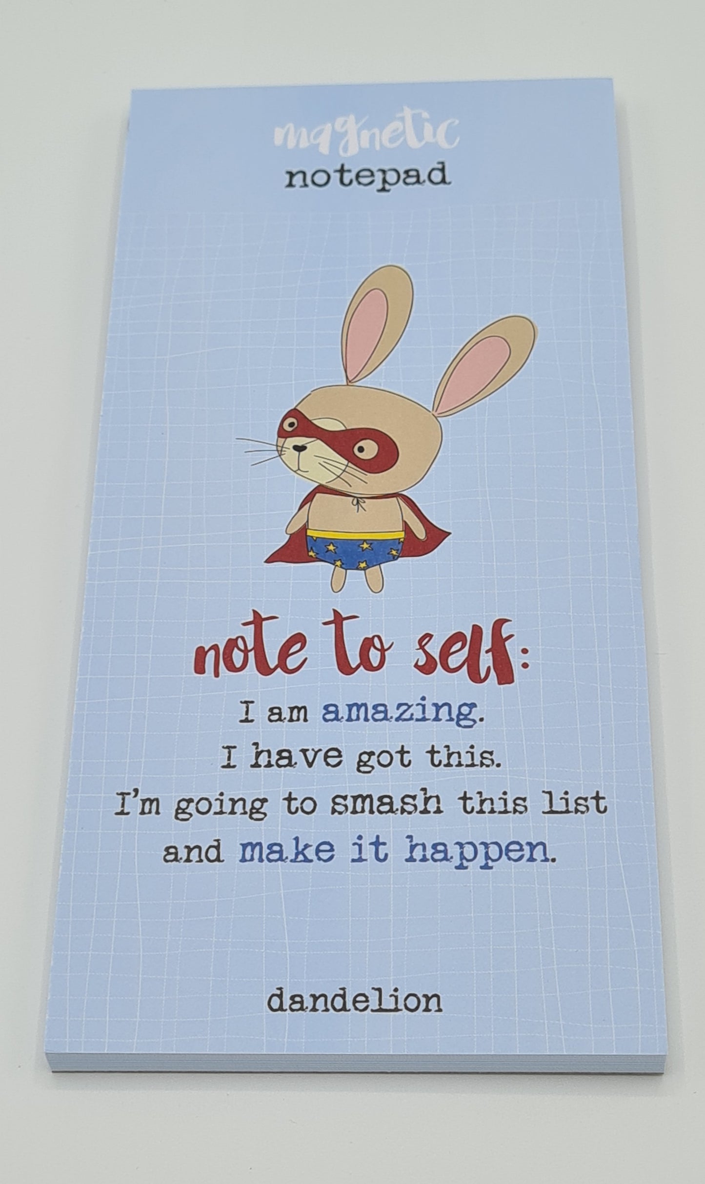 Magnetic notepad with light blue cover which has a drawing of a rabbit dressed as a superhero. The slogan says "Note to self: I am amazing. I have got this. I'm going to smash this list and make it happen".