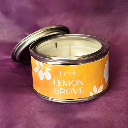 Petite paint pot candle tin from Pintail Candles. The yellow coloured label on the tin says "Lemon Grove" and features a white illustration of lemons hanging on a branch. The tin is open showing the white candle and wick inside.