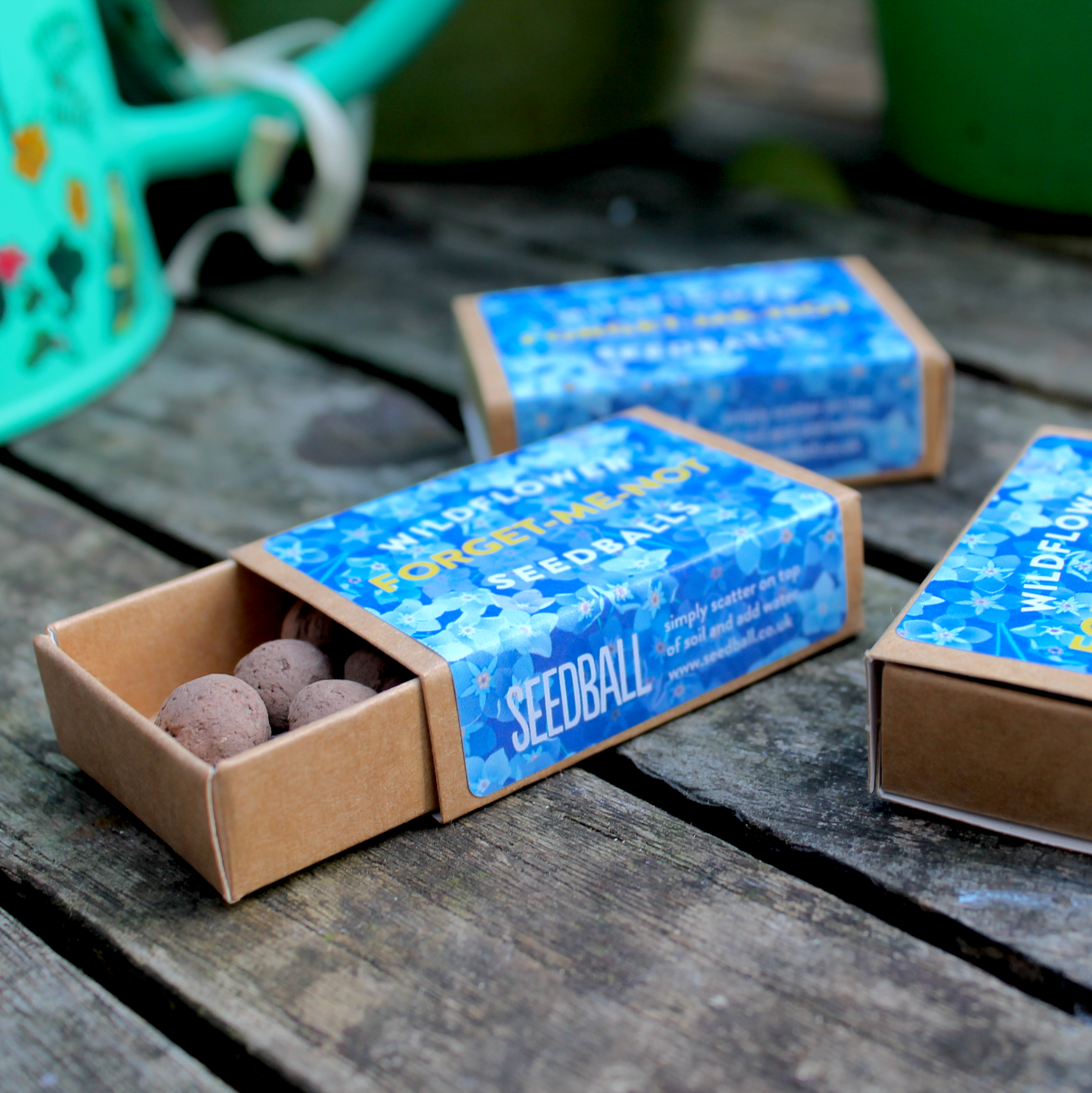 Open matchbox sized brown box with blue label saying "Forget-Me-Not Wildflower Seedballs". Inside the box there are several brown seedballs.