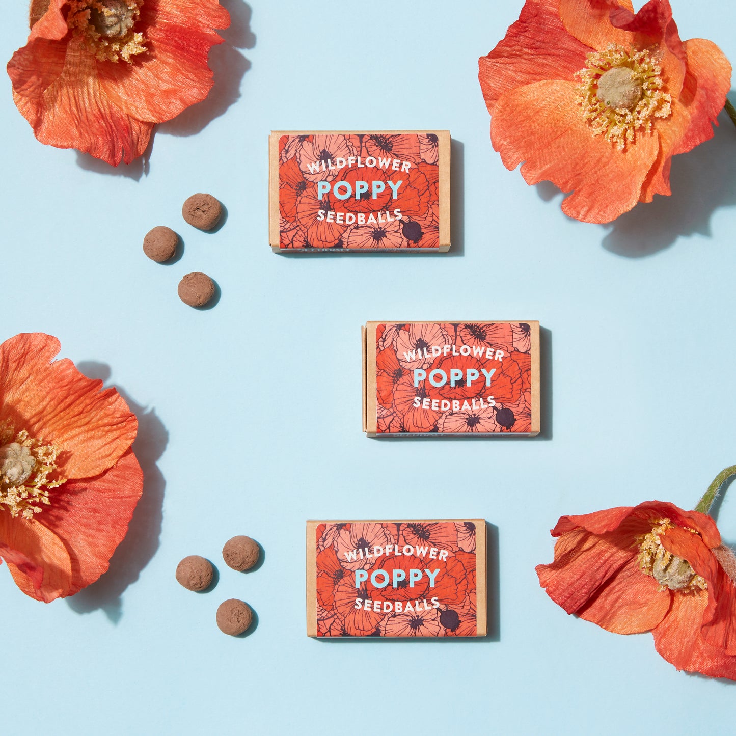 Four red poppy flowers, one at each corner of the image. Three match box size boxes with red labels saying "Poppy Wildflower Seedballs". There are three brown seedballs next to two of the three matchboxes.