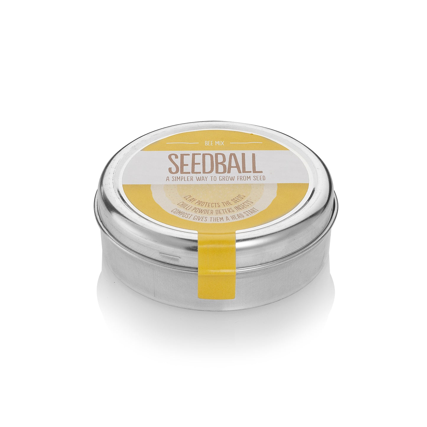 Round silver tin with a yellow label from Seedball, stating "Bee Mix".