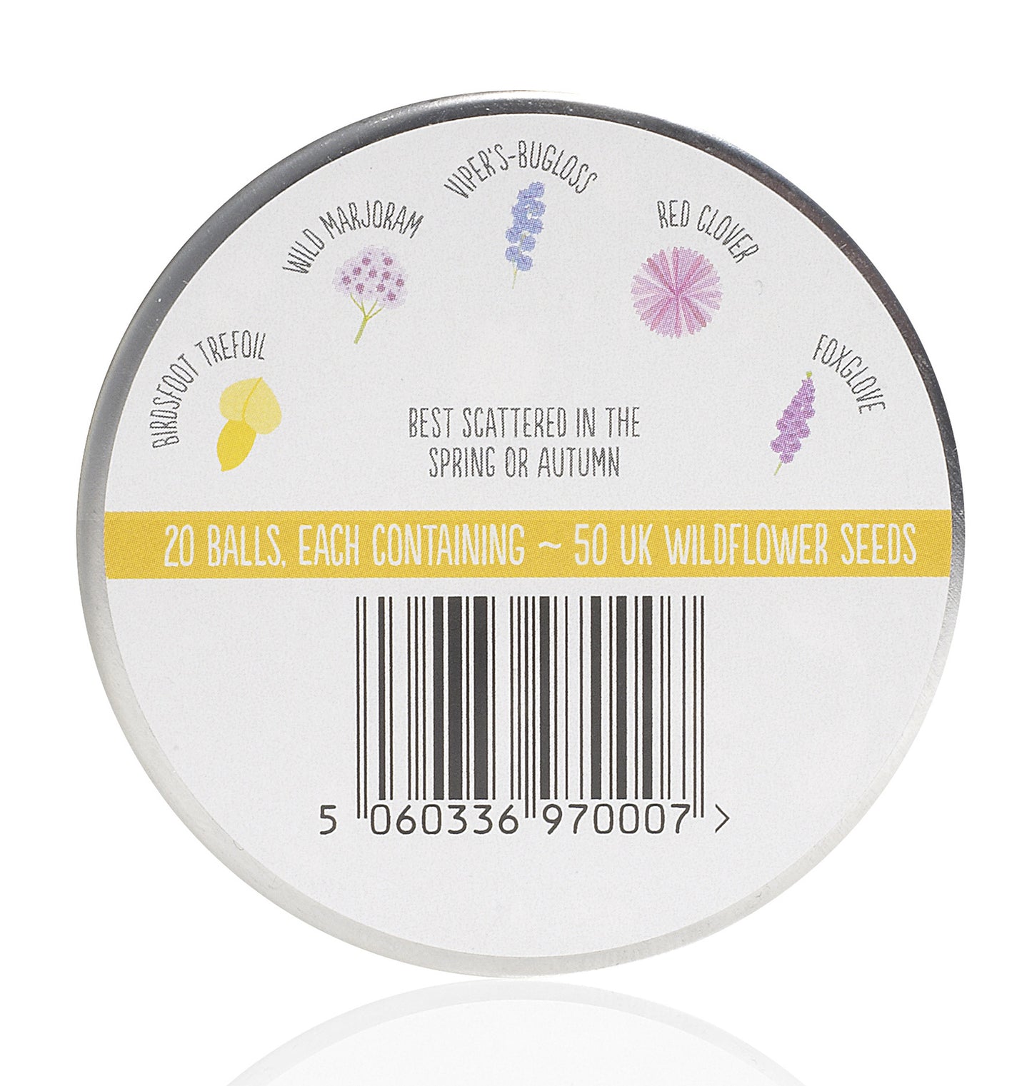 Back label for Bee Mix Seedball tin. Images of the flowers and their names - Birdsfoot Trefoil; Wild Marjoram; Viper's Bugloss; Red Clover and Foxglove. Text states "Best scattered in the Spring or Autumn" and a yellow label says "20 balls, each containing 50 UK Wildflower Seeds".