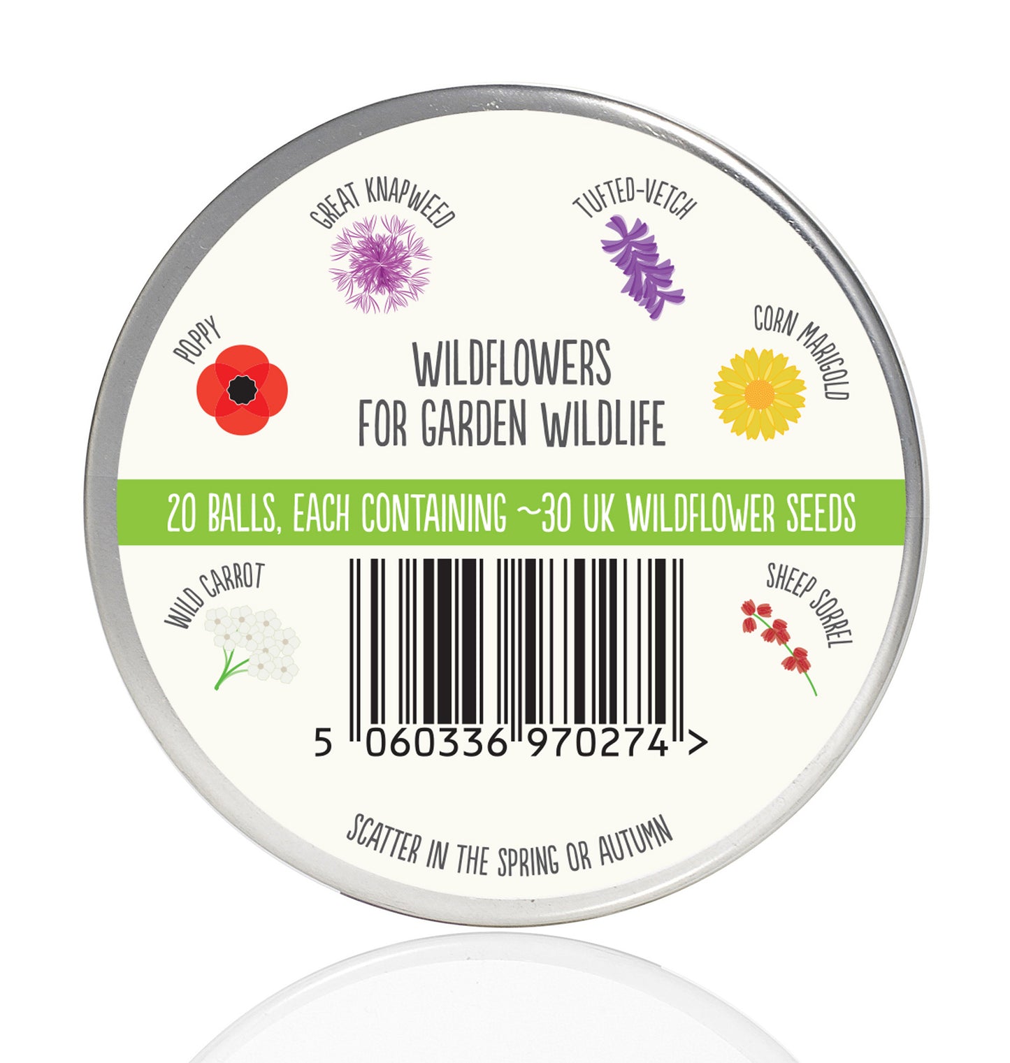 Back label for Bird Mix Seedball tin. There are drawings of the flowers contained within the seeds and the names above the drawings - Wild Carrot; Poppy; Great Knapweed; Tufted-Vetch; Corn Marigold and Sheep Sorrel. Other text on the label states "Wildflowers for Garden Wildlife", "Scatter in the Spring or Autumn" and a green banner saying "20 balls, each containing 30 UK wildflower seeds".