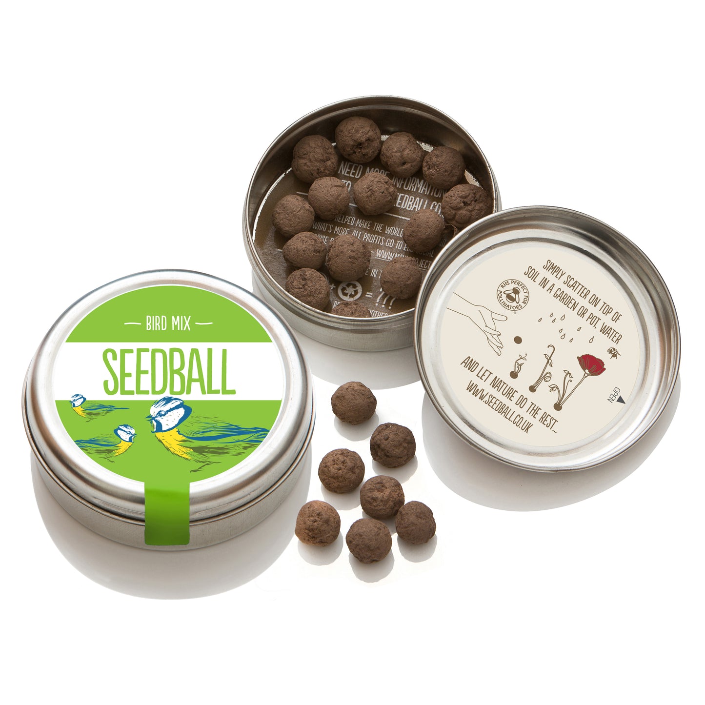 Two silver tins from Seedball. The first tin is closed and has a green label with "Bird Mix" while the other tin is open - in the bottom half of the tin there are 14 visible seedballs whilst the top half of the tin has an inner label stating "Simply scatter on top of soil in a garden or pot, water and let nature do the rest". There are 6 seedballs placed between the two tins.