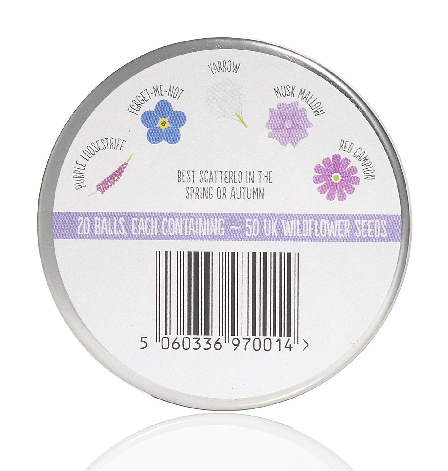 Back label for Butterfly Mix Seedball tin. Drawings of the flowers and their names written above - Purple Loosestrife; Forget-Me-Not; Yarrow; Musk Mallow and Red Campion. Text states "Best scattered in the Spring or Autumn" and a lilac label says "20 balls, each containing 50 UK Wildflower Seeds".