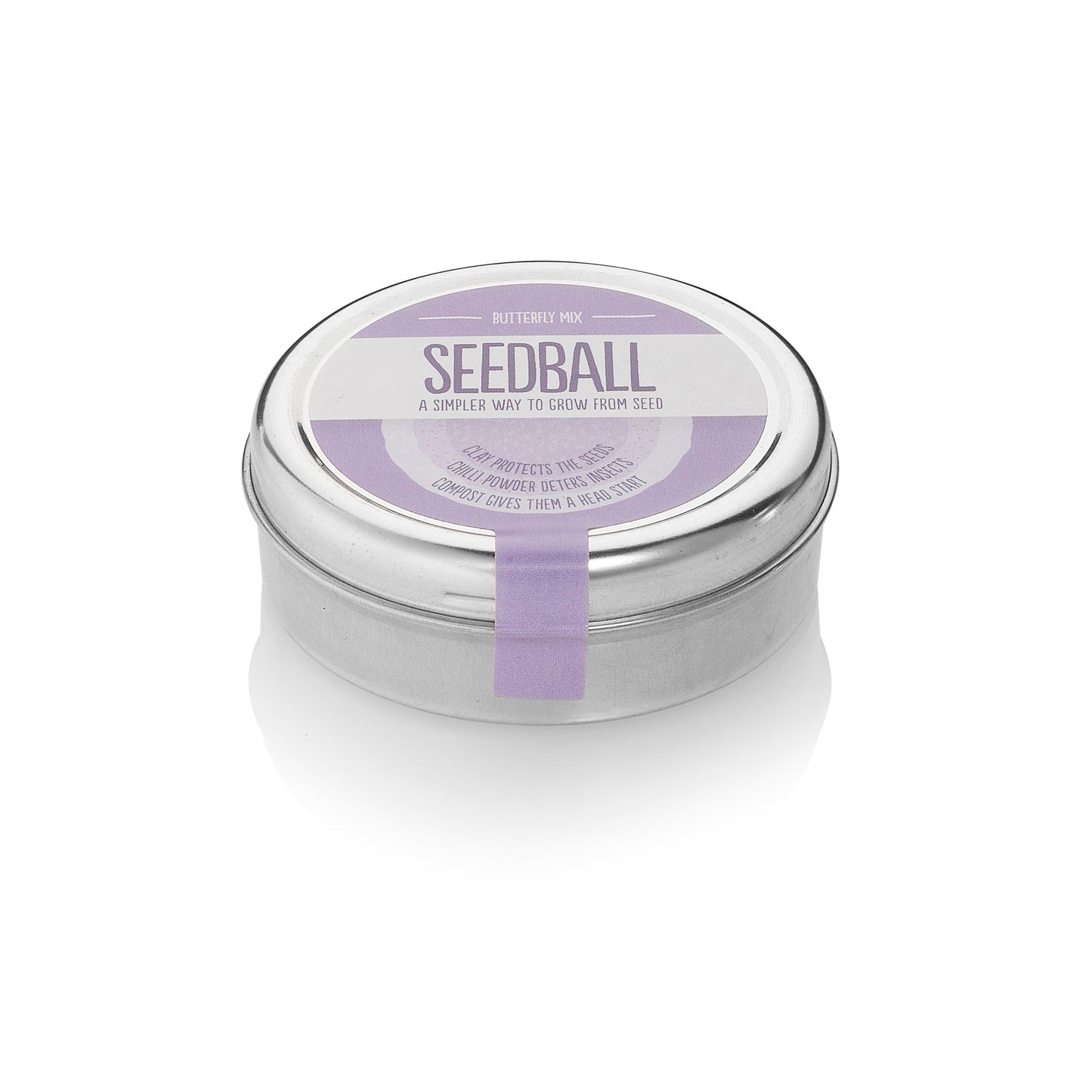 Round silver tin with a lilac label from Seedball, stating "Butterfly Mix".