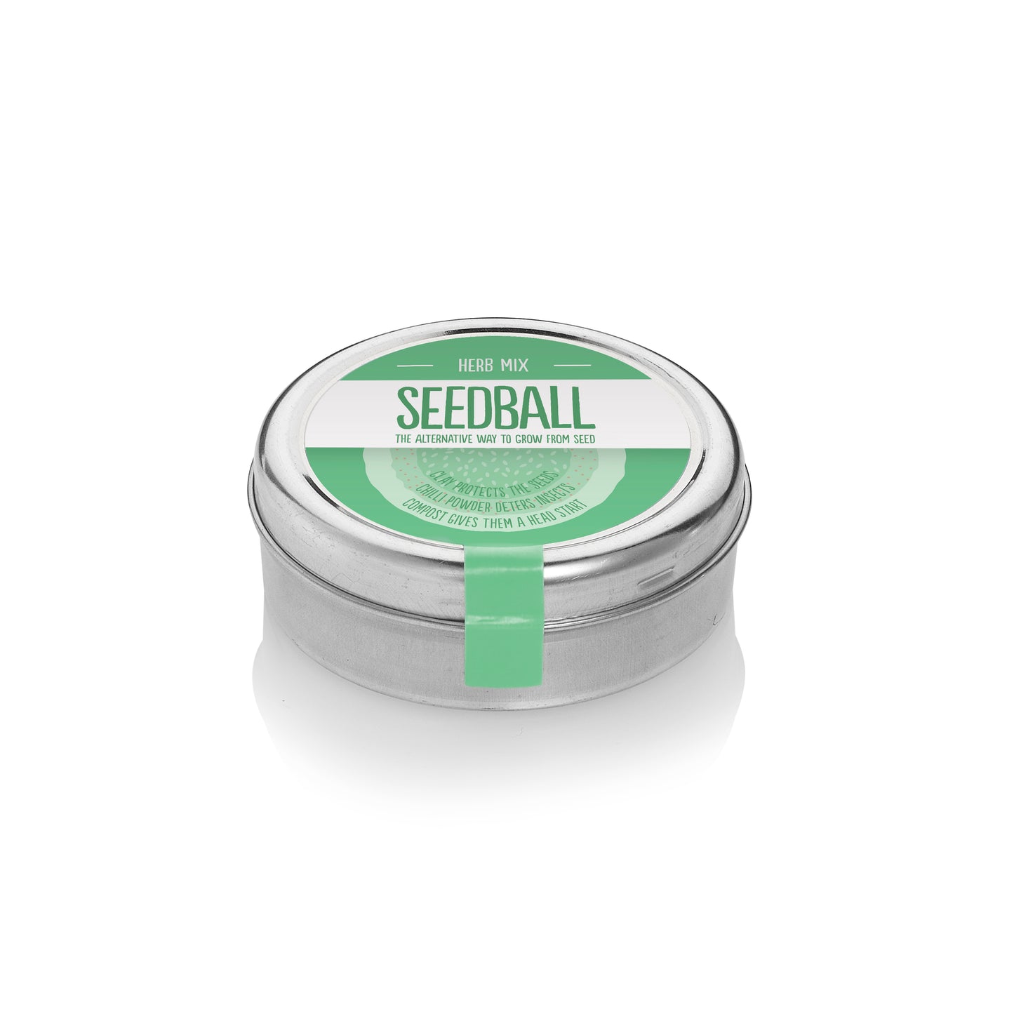 Round silver tin with a green label from Seedball, stating "Herb Mix".