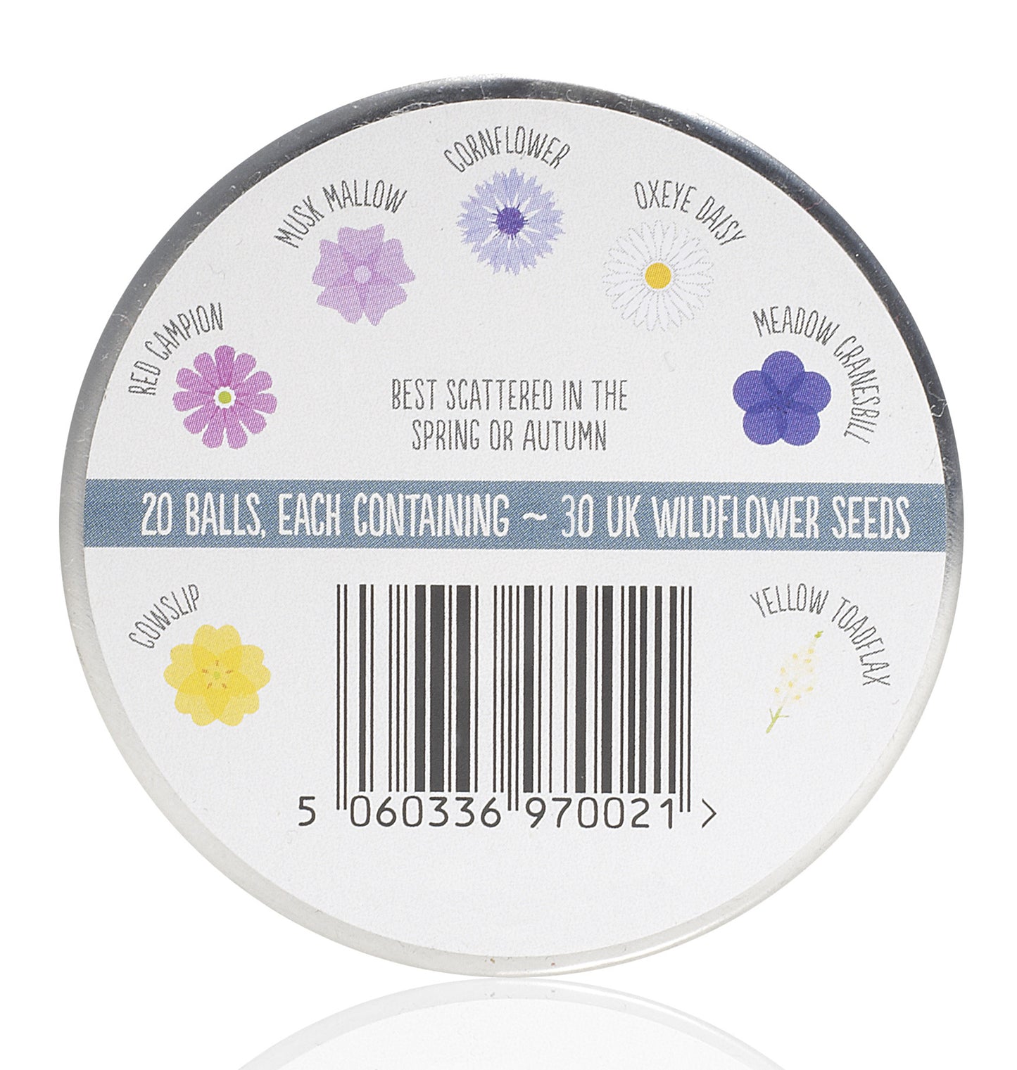 Back label for Urban Meadow Seedball tin. Images of the flowers and their names - Cowslip; Red Campion; Musk Mallow; Cornflower; Oxeye Daisy; Meadow Cranesbill and Yellow Toadflax. Grey banner says "20 balls, each containing 30 UK wildflower seeds".
