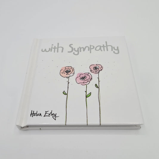 Front cover of little square book with the words "With Sympathy" written in silver font at the top. There is an illustration of three pink flowers on the bottom half of the page.