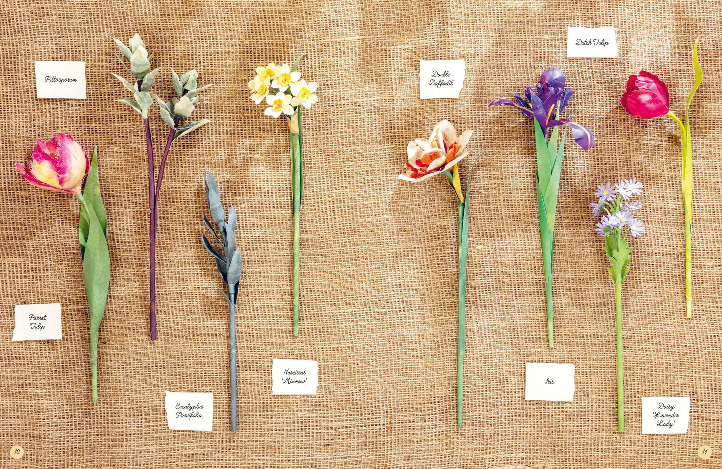 A flat-lay arrangement of artificial spring flowers on a natural twine like background, each with a small handwritten label. The flowers include pink tulips, yellow primroses, white daffodils, purple irises, orange tulips, and lavender, with green stems and leaves.