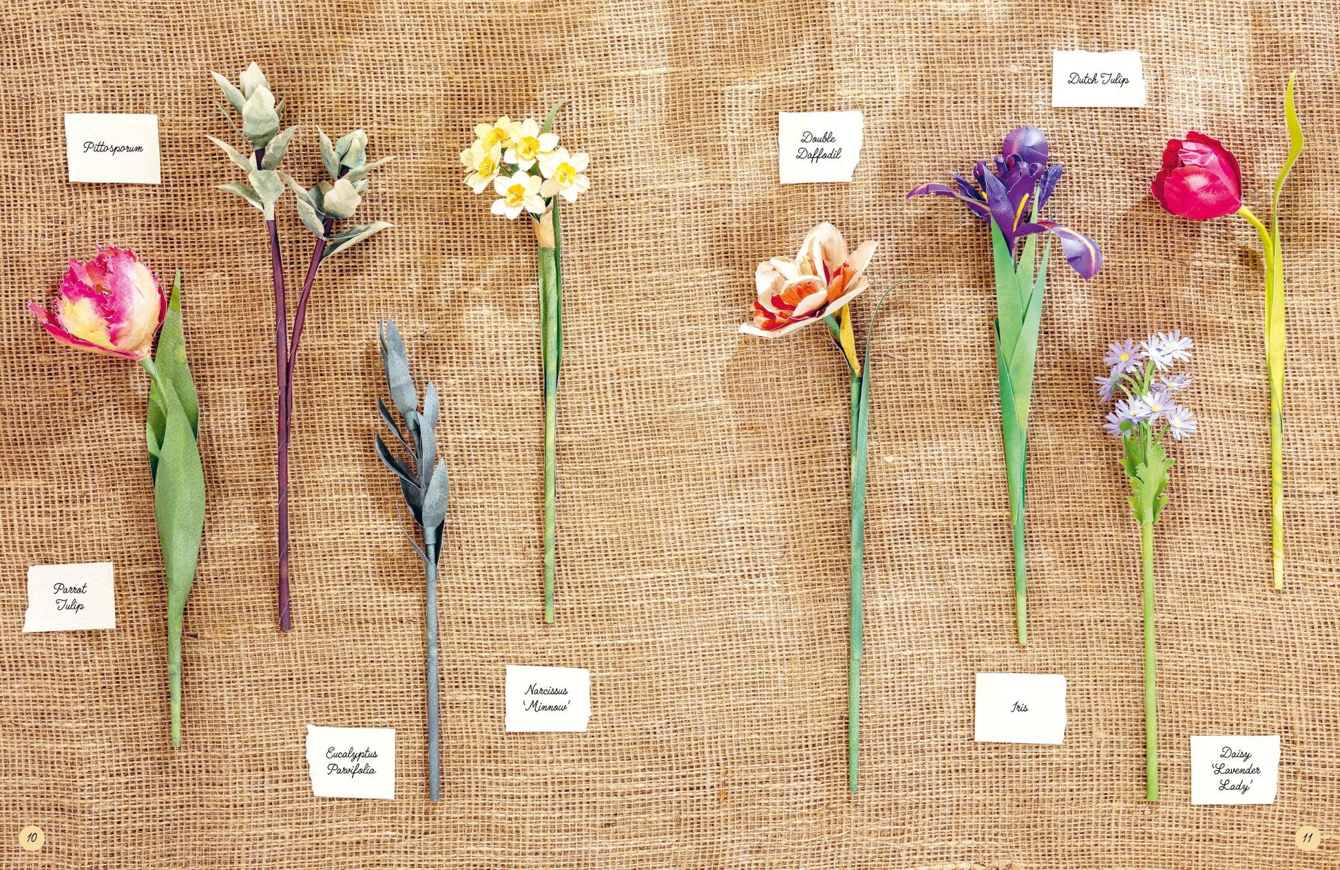 A flat-lay arrangement of artificial spring flowers on a natural twine like background, each with a small handwritten label. The flowers include pink tulips, yellow primroses, white daffodils, purple irises, orange tulips, and lavender, with green stems and leaves.