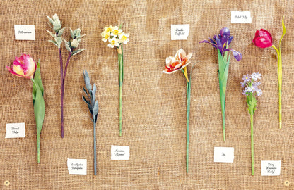 A flat-lay arrangement of artificial spring flowers on a natural twine like background, each with a small handwritten label. The flowers include pink tulips, yellow primroses, white daffodils, purple irises, orange tulips, and lavender, with green stems and leaves.