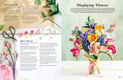 A two-page floral craft instruction booklet spread, showing text sections titled 'Salal (Lemon Leaf)', 'Quince Blossom', and 'Displaying Flowers' alongside illustrations and photos of colourful flower arrangements, and ribbon.