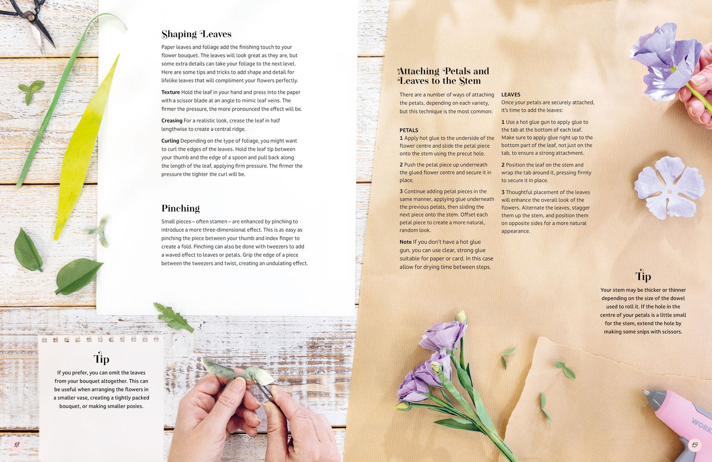 An open booklet or craft guide spread laid flat on a light wood surface, showing printed instructions titled 'Shaping Leaves' and 'Attaching Petals and Leaves to the Stem' with small photos of hands and floral elements around the pages.