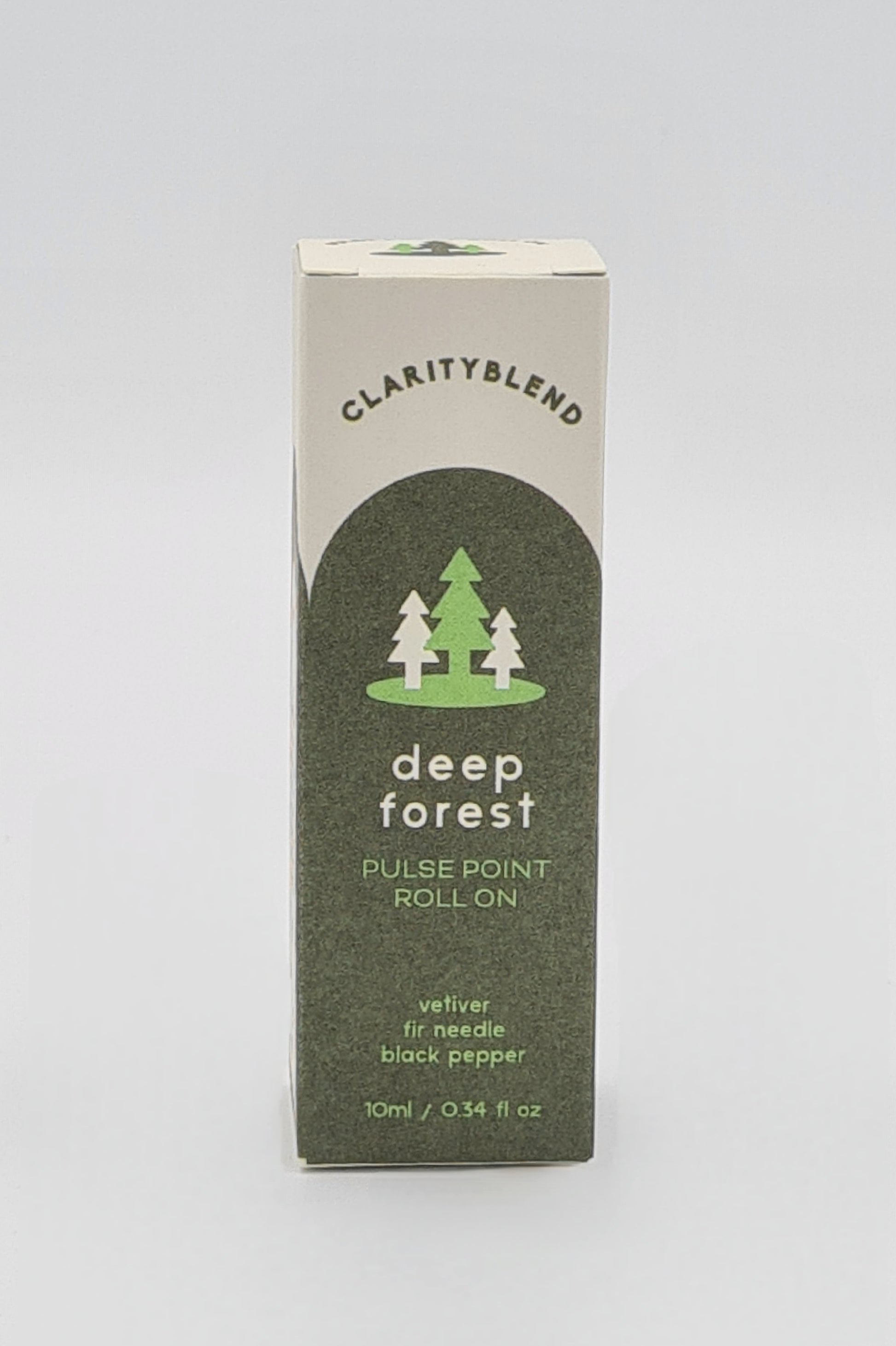 Front view of box with dark green label containing Clarity Blend Deep Forest Pulse Point Roll On