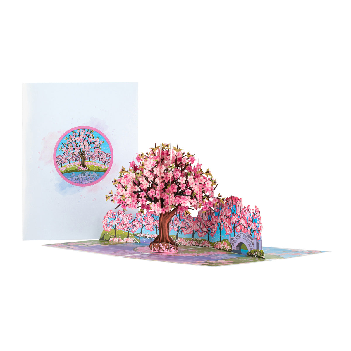 Two images together - one showing the front of the Cherry Blossom Pop Up card while the other image shows the card open with the Cherry Blossom Tree "popped up".