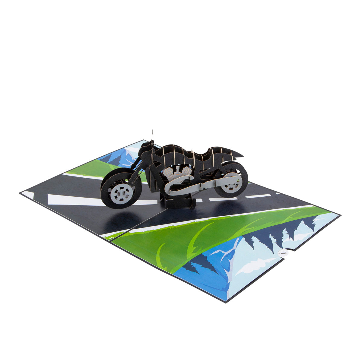 Aerial view of Motorbike card showing a "popped up" black Motorbike on an illustration of a road with mountains surrounding it.