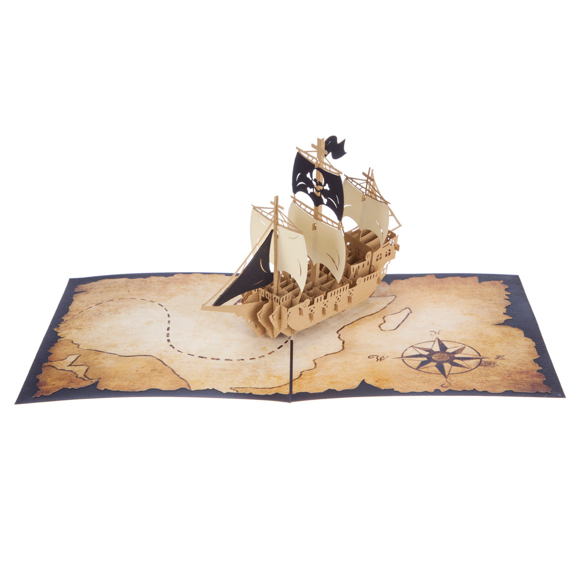 Aerial view of Pirate Ship pop up card showing card opened out and a brown pirate ship with white and black sails sitting on top of a brown treasure map