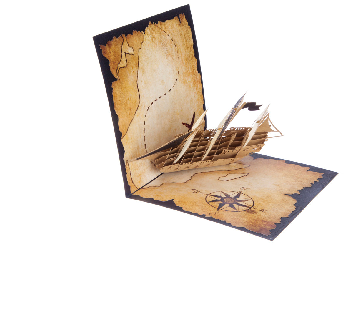 Pirate Ship pop up card opening up showing Pirate Ship on top of a treasure map