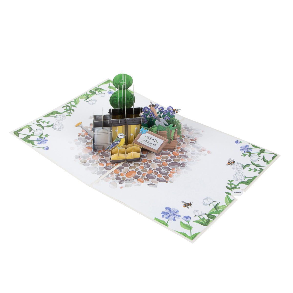 Aerial view of Spring Wellingtons card showing "popped up" yellow Wellington boots sitting on a garden slab and surrounded by illustrations of flowers.