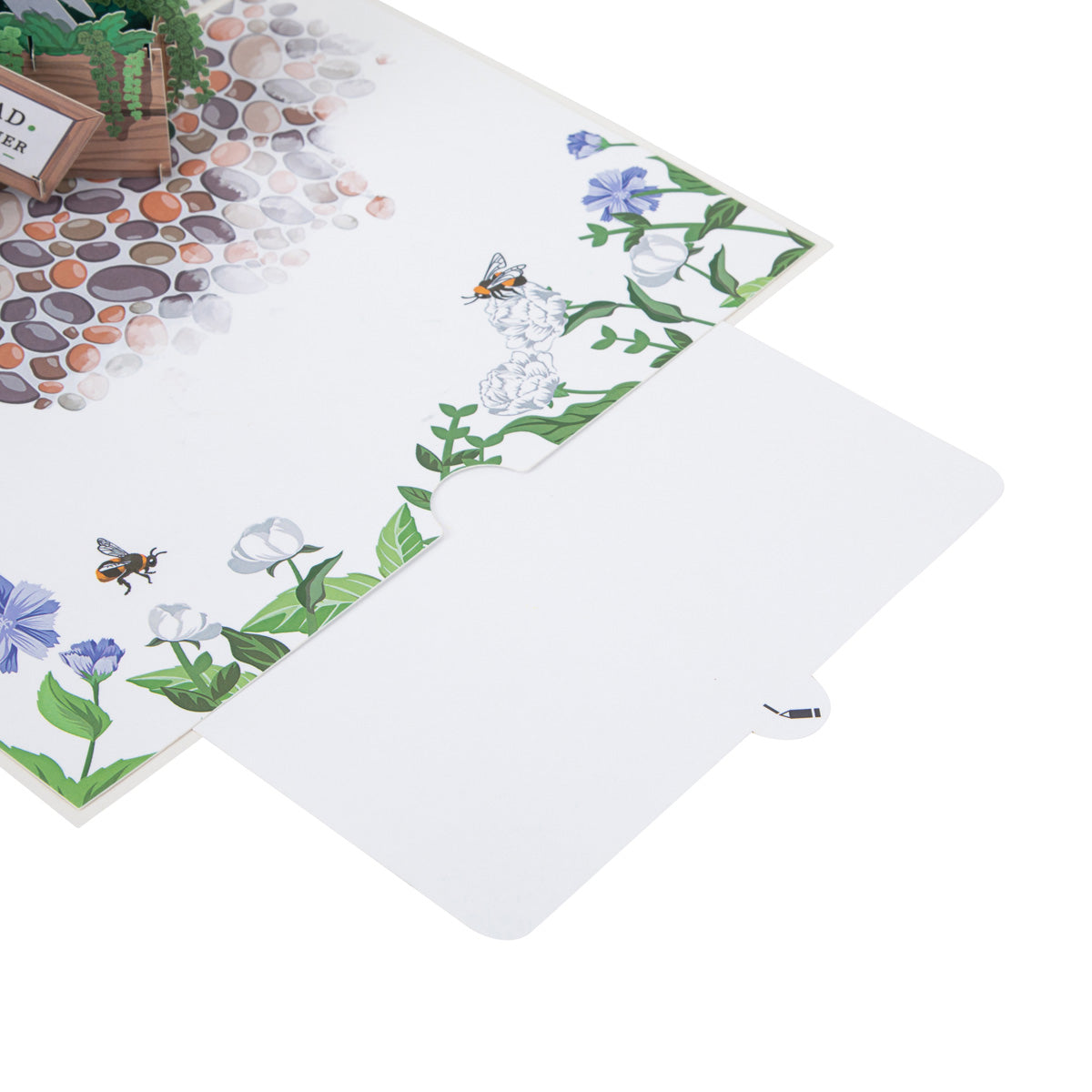 Inside of the Spring Wellingtons card showing the right hand page. The edges of the page are illustrated with flowers, foliage and bees. The slide out blank notecard has been pulled out of its slot to illustrate the blank white notecard upon which you can write your own message.