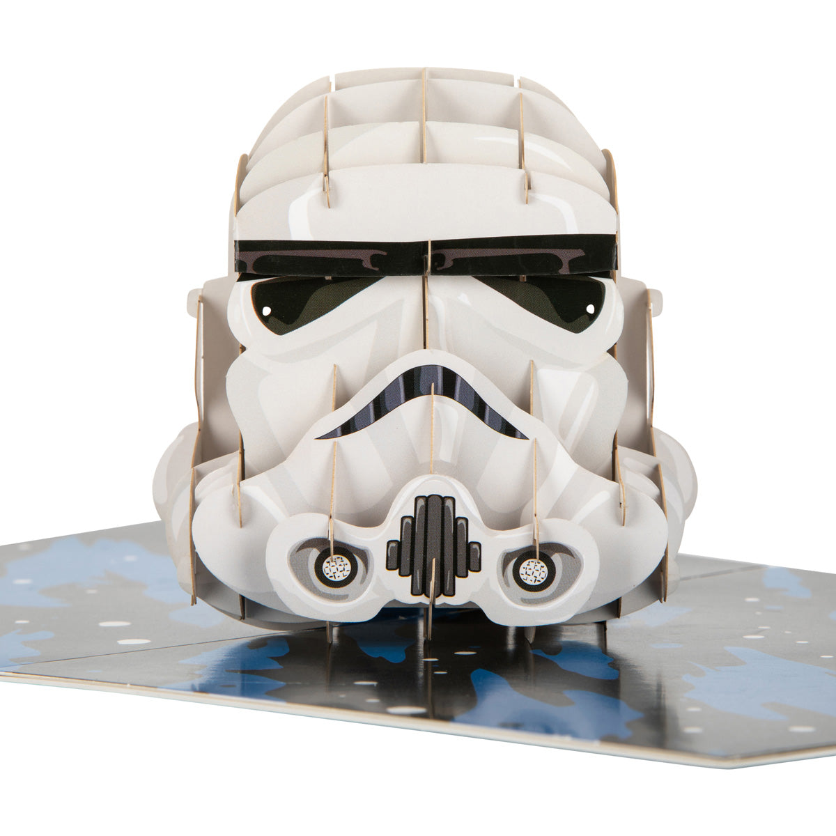 Close up of pop up card showing white Star Wars Stormtrooper helmet. 