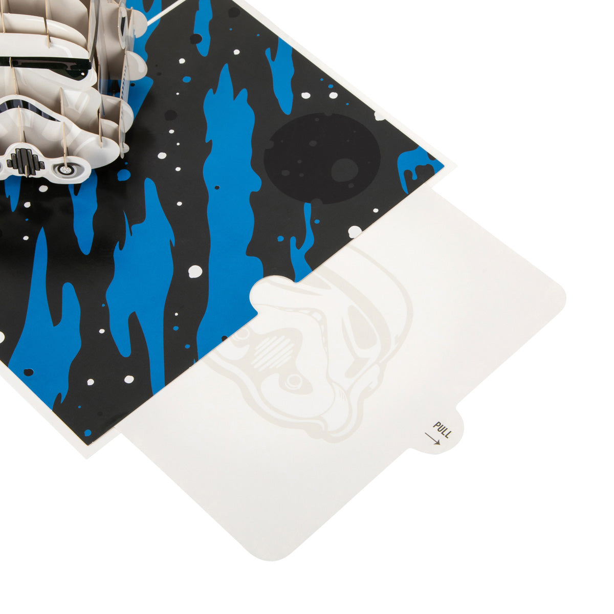 Right hand side of the inside of the open Stormtrooper card with dark blue space themed background. The image also shows the slide out blank note card upon which you can write your own message.