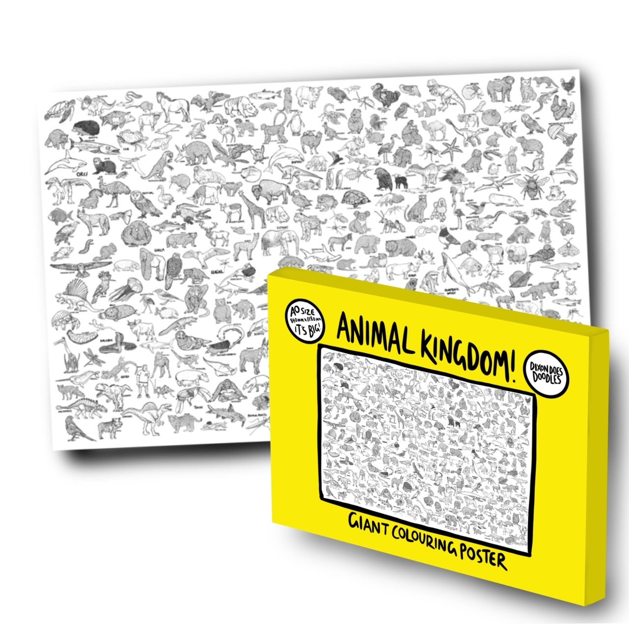 Two images - the rear image shows the giant colouring poster featuring drawings of lots of animals. The image at the front is of the bright yellow box for the Animal Kingdom Giant Colouring Poster.