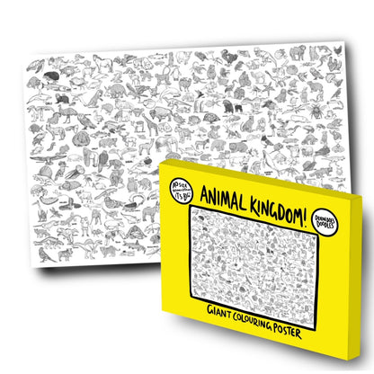 Two images - the rear image shows the giant colouring poster featuring drawings of lots of animals. The image at the front is of the bright yellow box for the Animal Kingdom Giant Colouring Poster.