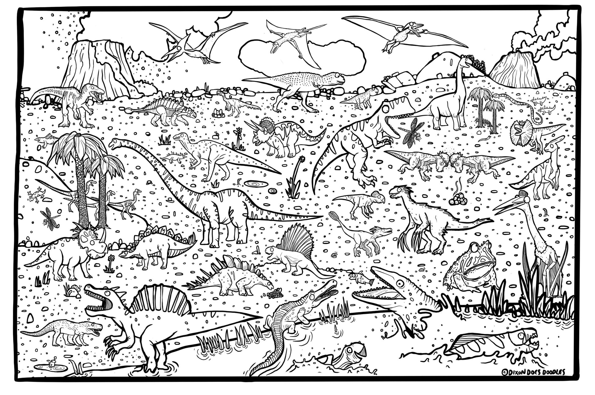 Close up image of black and white giant colouring poster featuring drawings of various dinosaurs.